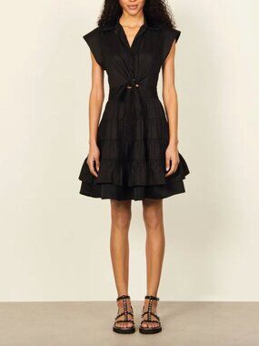 $370 Sandro Black Fit & Flare Ruffle Cut-Out Mini Dress size 4/IT 40